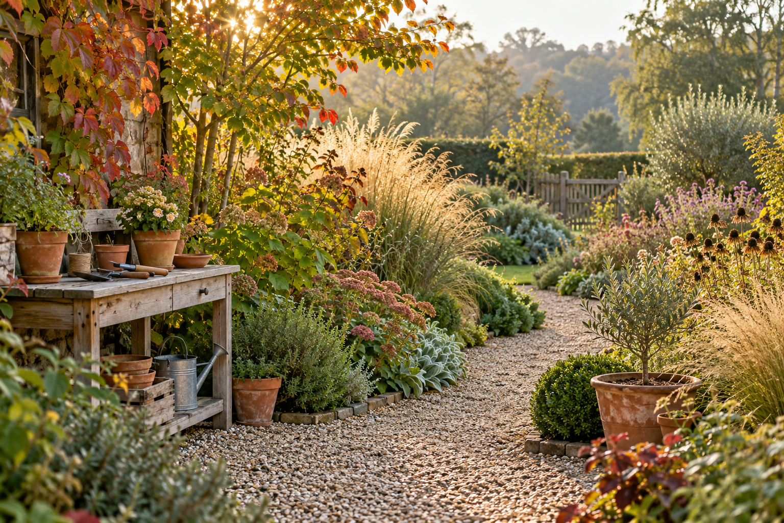 A garden inspiration scene with a curved gravel path, autumn planting and a potting bench
